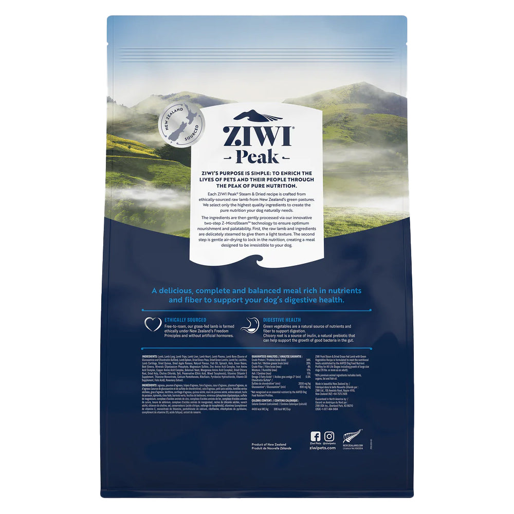 Ziwi Peak Steam &amp; Dried Grass-Fed Lamb with Green Vegetables Dry Dog Food